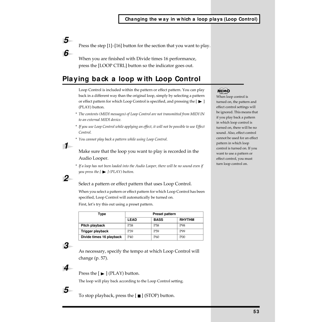 Roland MC-09 owner manual Playing back a loop with Loop Control, Select a pattern or effect pattern that uses Loop Control 