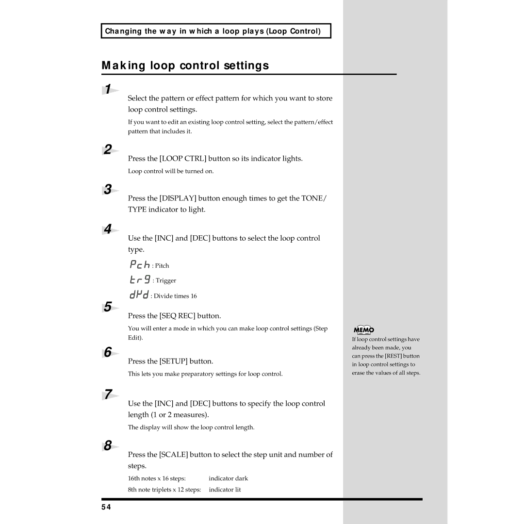 Roland MC-09 owner manual Making loop control settings, Press the SEQ REC button 