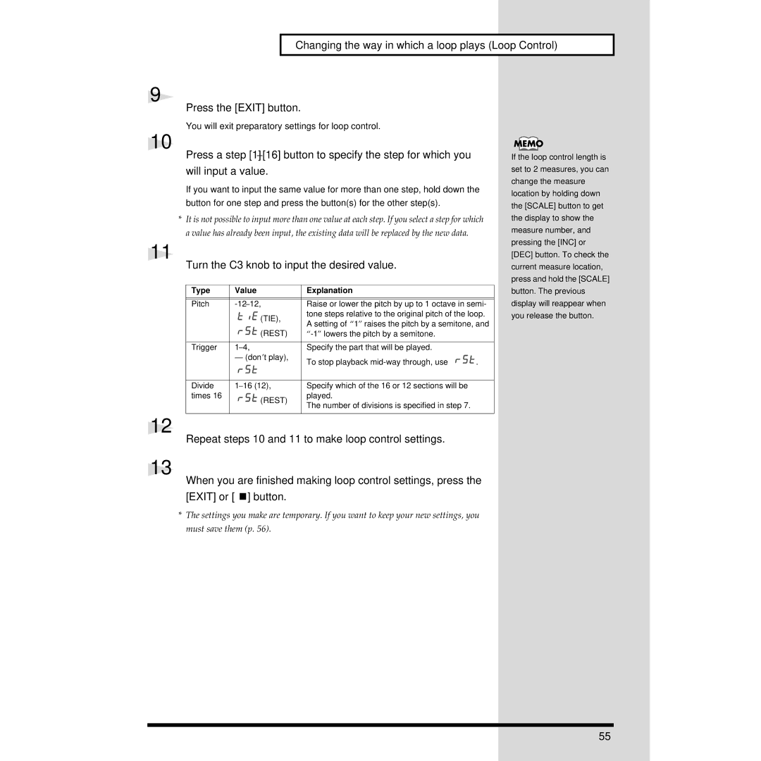 Roland MC-09 owner manual Turn the C3 knob to input the desired value, Type Value Explanation 