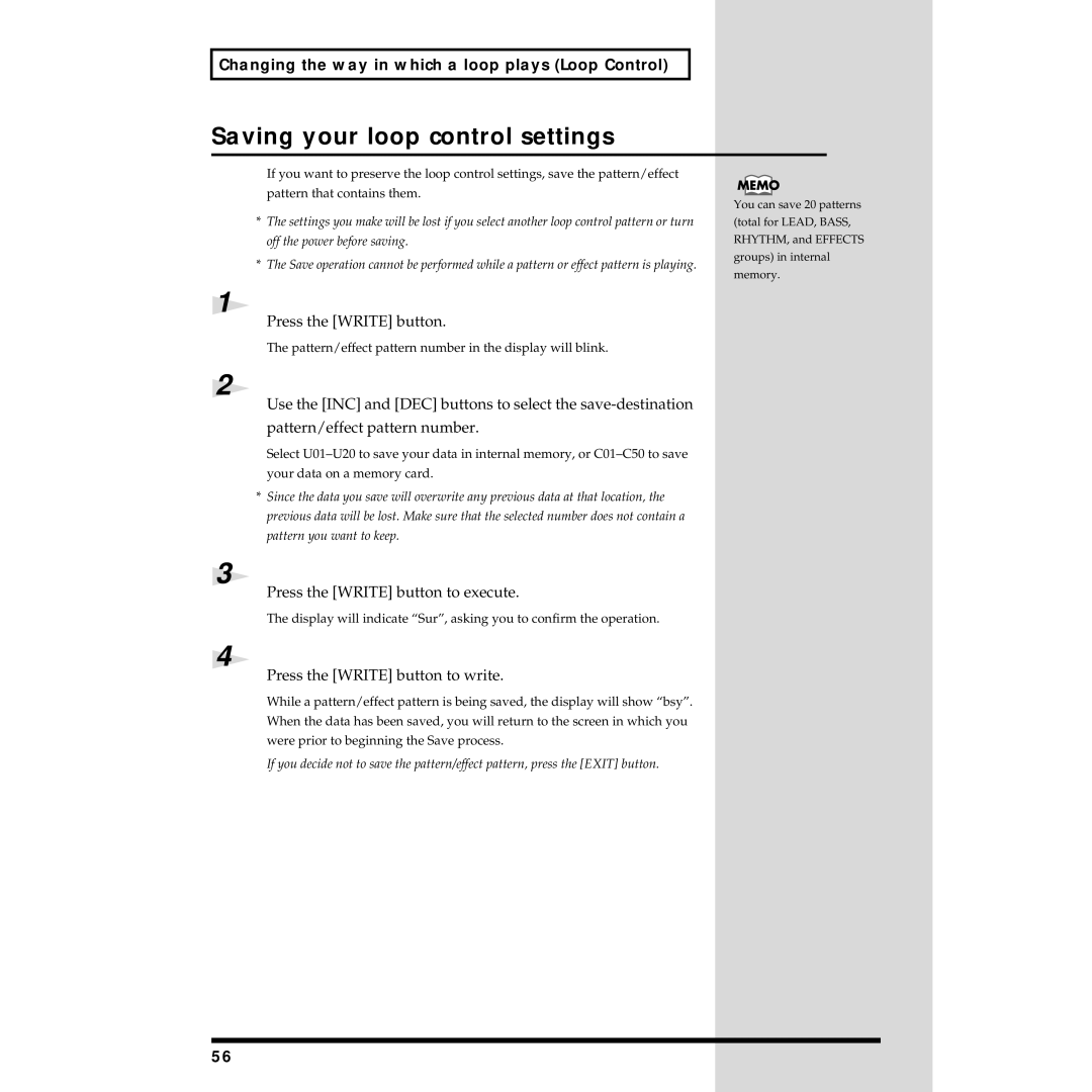 Roland MC-09 owner manual Saving your loop control settings, Press the Write button 