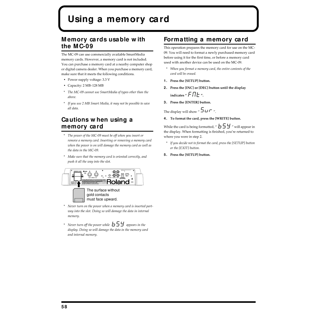 Roland owner manual Using a memory card, Memory cards usable with the MC-09, Formatting a memory card 