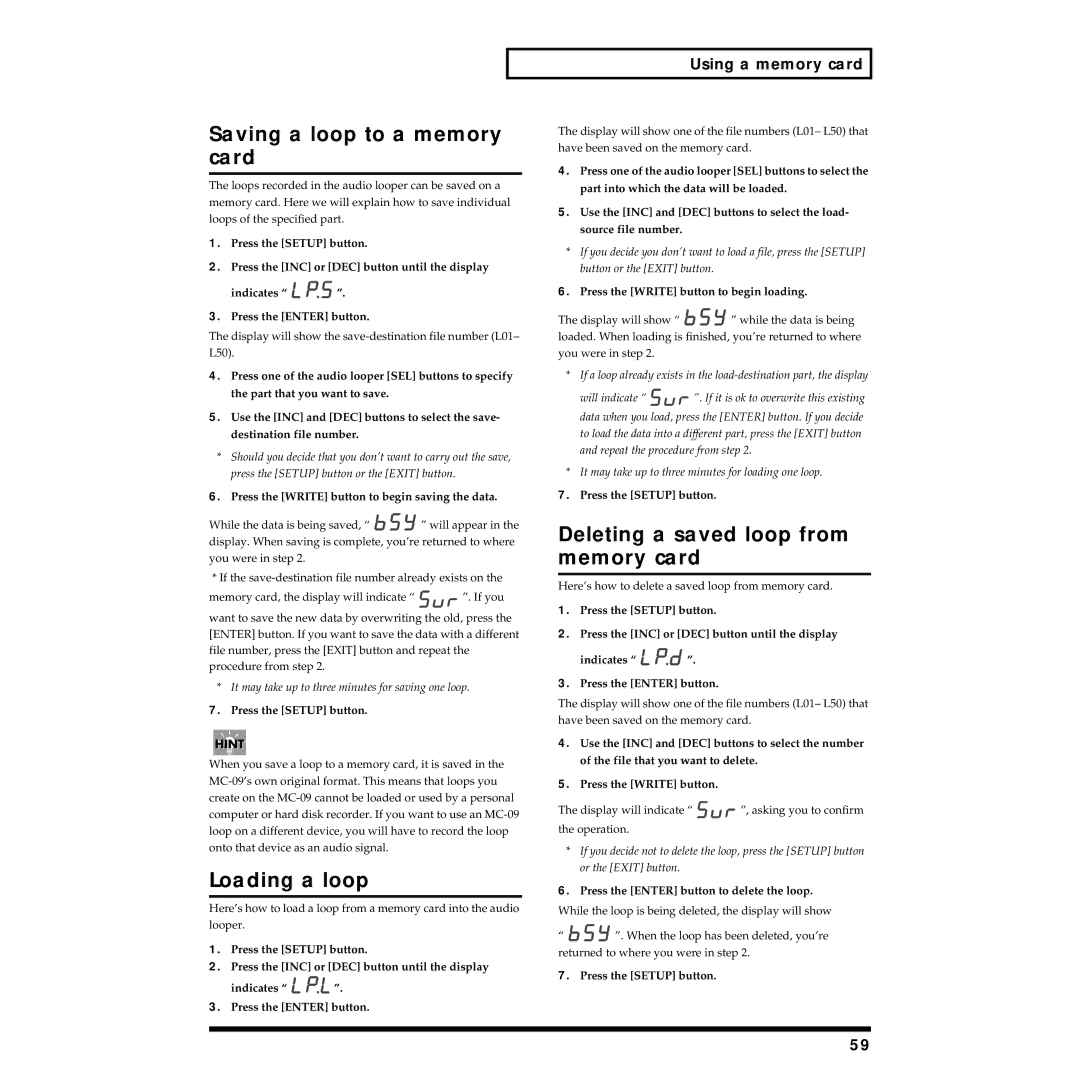 Roland MC-09 owner manual Saving a loop to a memory card, Loading a loop, Deleting a saved loop from memory card 