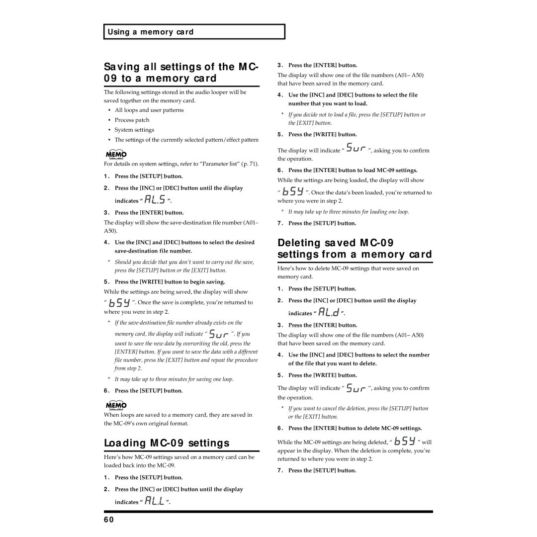 Roland owner manual Saving all settings of the MC- 09 to a memory card, Loading MC-09 settings 