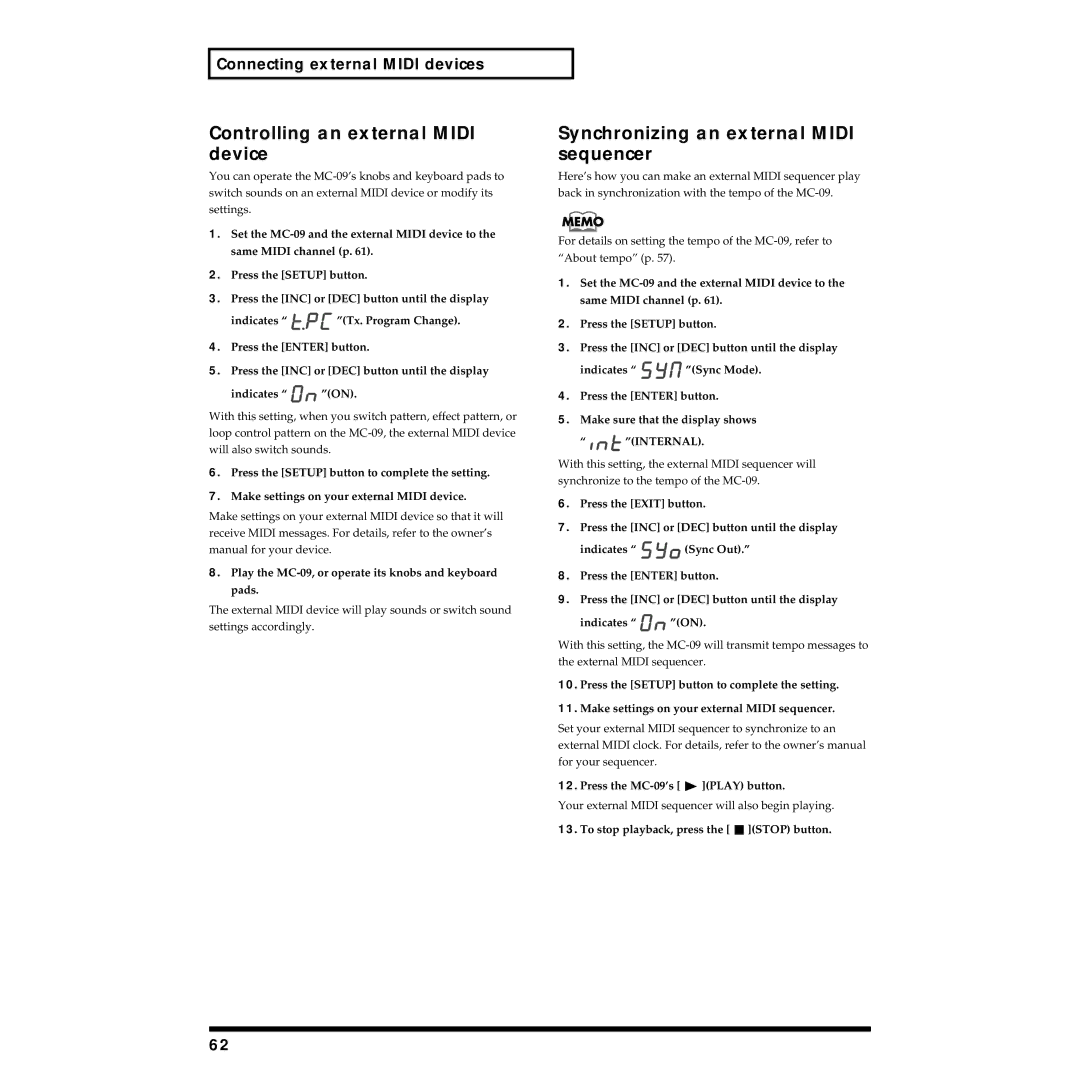 Roland MC-09 owner manual Controlling an external Midi device, Synchronizing an external Midi sequencer 