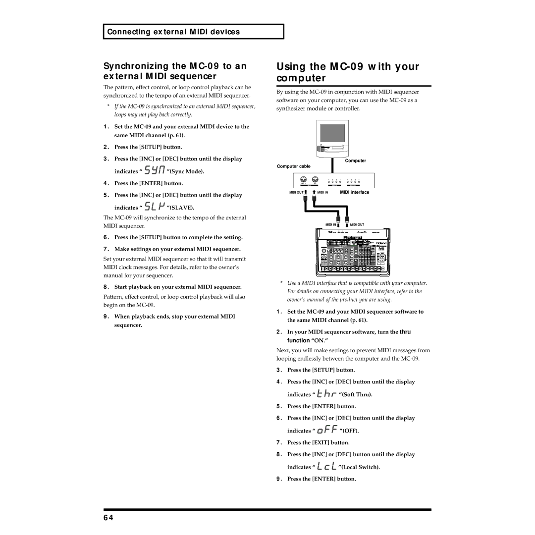 Roland owner manual Using the MC-09 with your computer, Synchronizing the MC-09 to an external Midi sequencer 