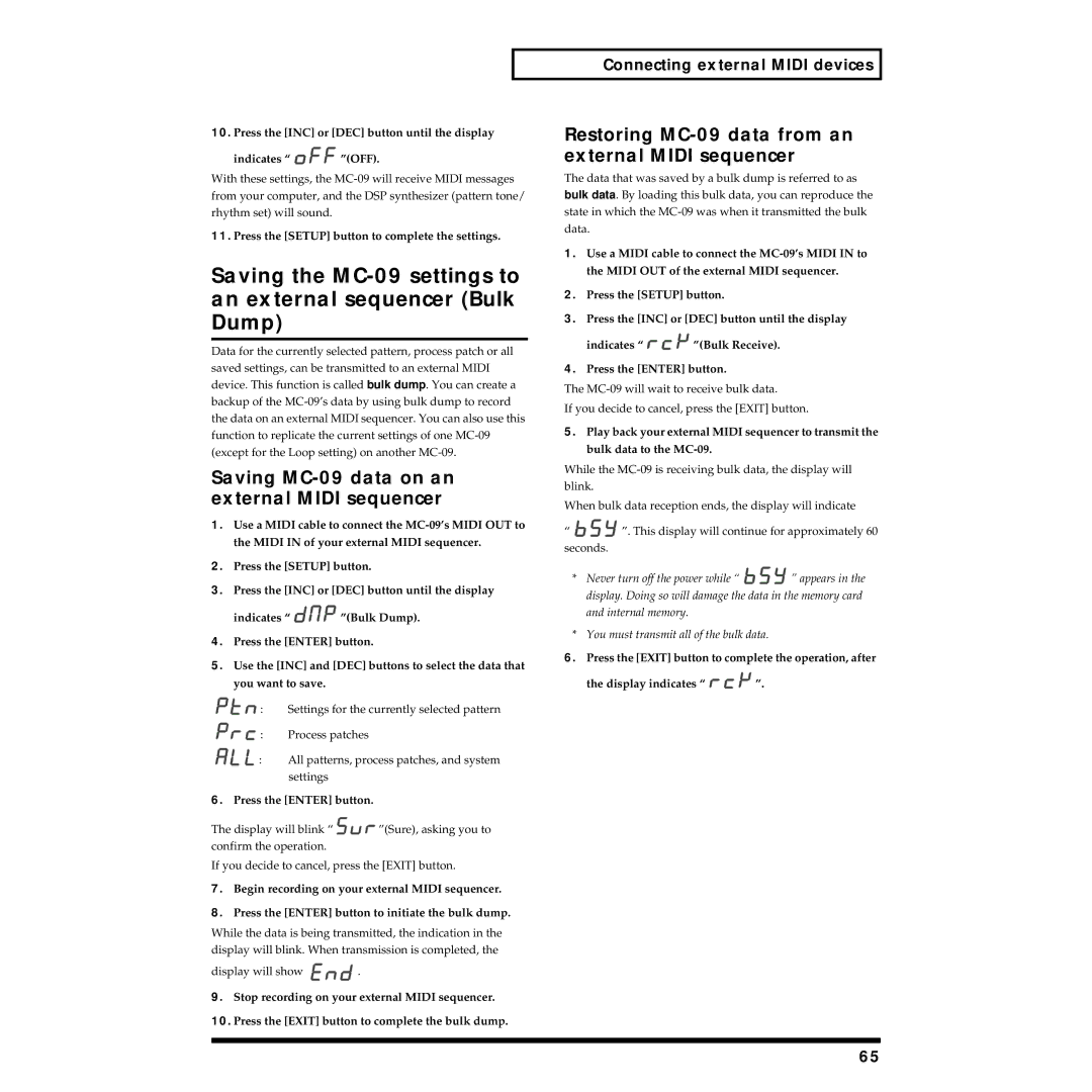Roland Saving MC-09 data on an external Midi sequencer, Restoring MC-09 data from an external Midi sequencer 