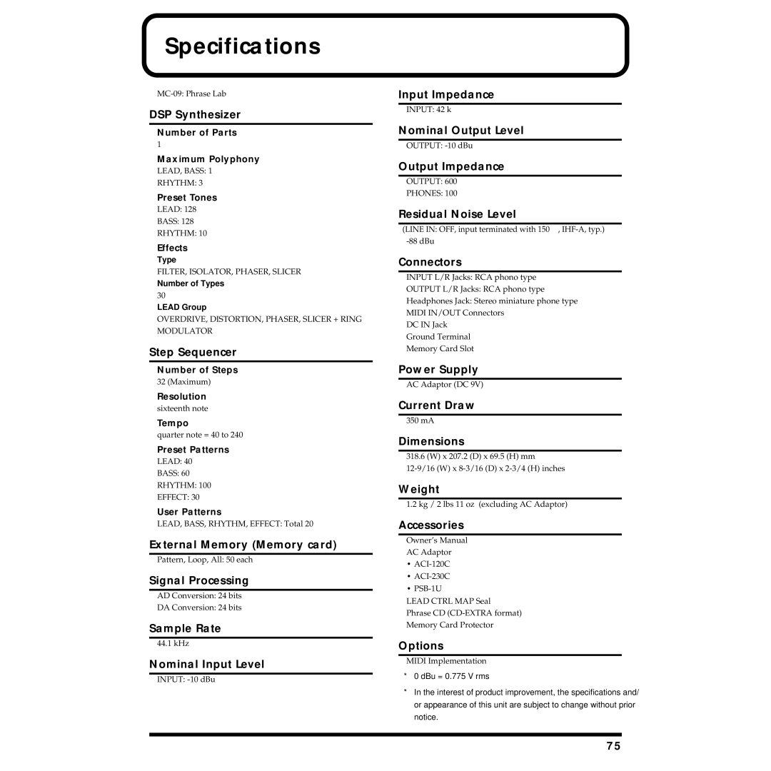 Roland MC-09 owner manual Specifications, DSP Synthesizer 