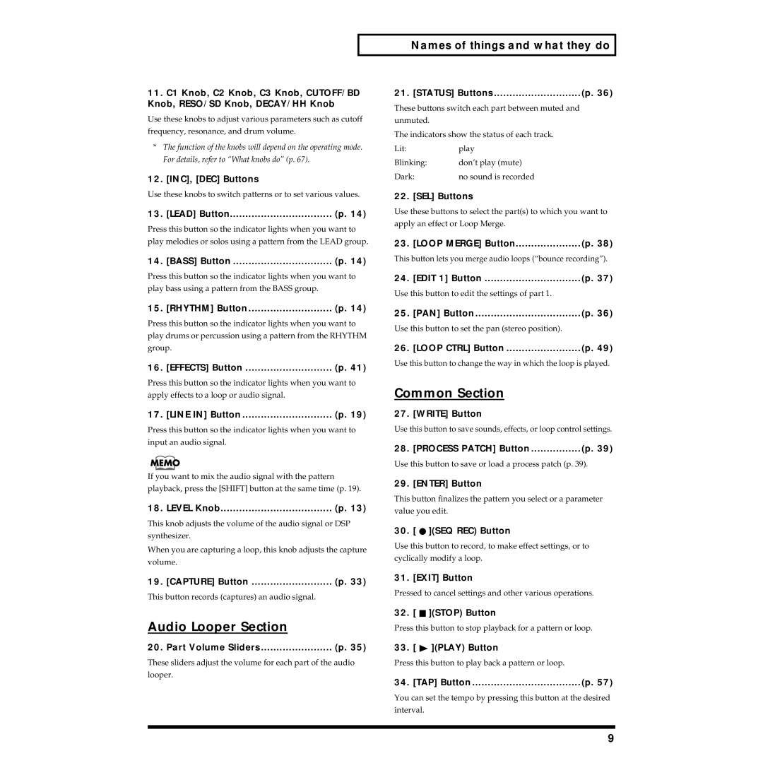 Roland MC-09 owner manual Audio Looper Section, Common Section 