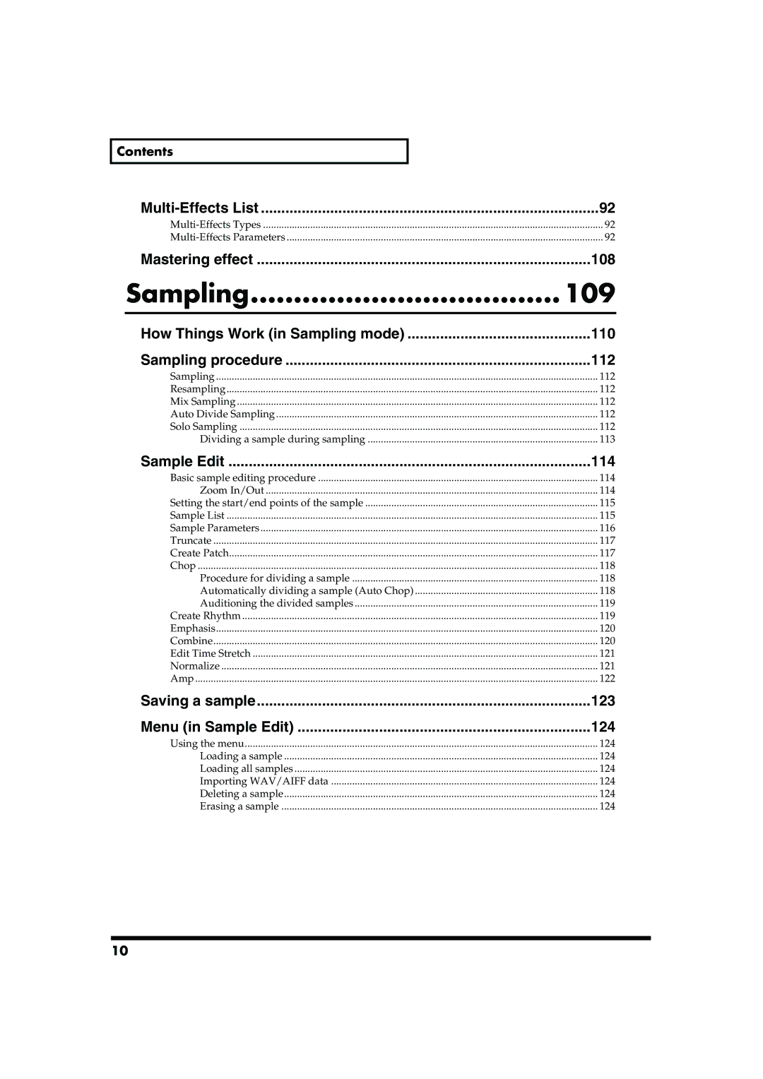 Roland MC-909 owner manual Sampling 109, Contents Multi-Effects List 