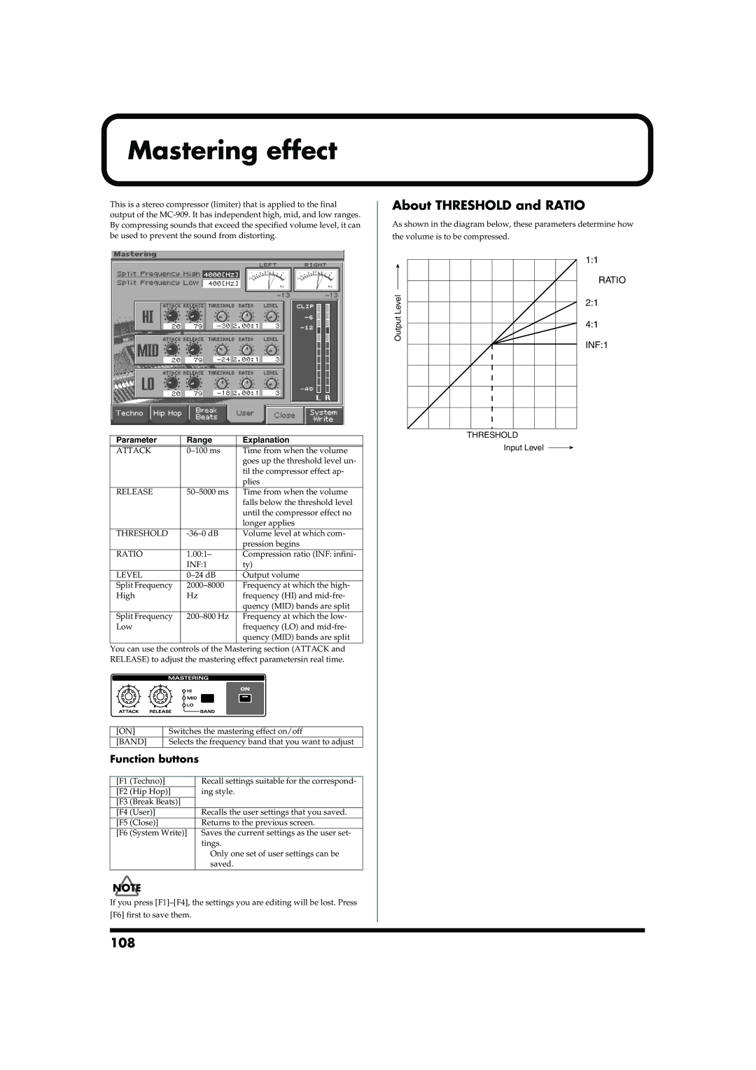 Roland MC-909 owner manual Mastering effect, About Threshold and Ratio, 108 