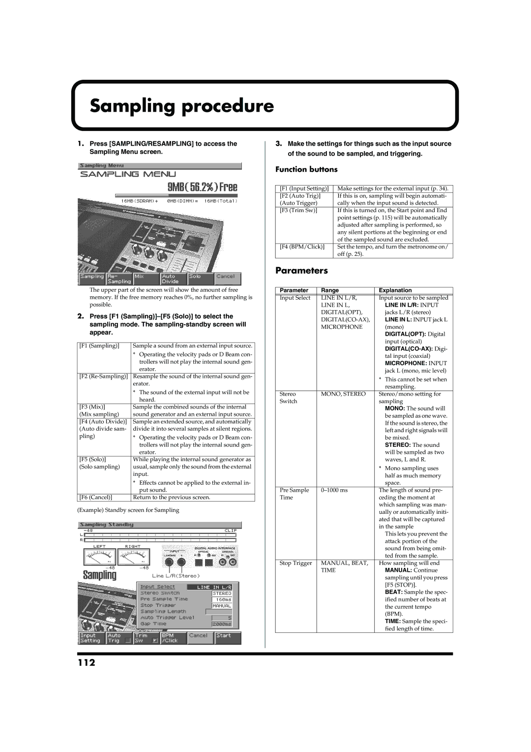 Roland MC-909 owner manual Sampling procedure, Parameters, 112, Press SAMPLING/RESAMPLING to access Sampling Menu screen 