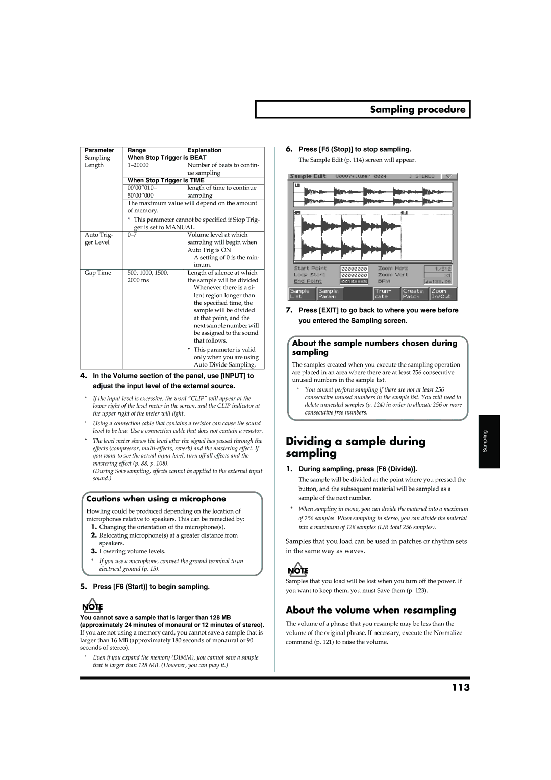 Roland MC-909 owner manual Dividing a sample during, Sampling procedure, About the volume when resampling, 113 