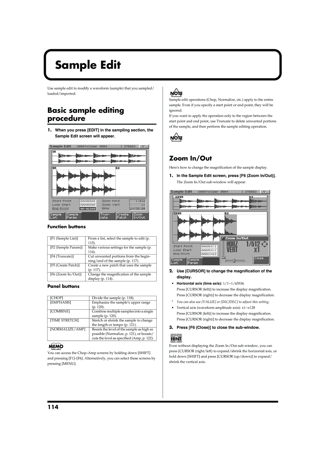 Roland MC-909 owner manual Sample Edit, Basic sample editing procedure, Zoom In/Out, 114, Panel buttons 