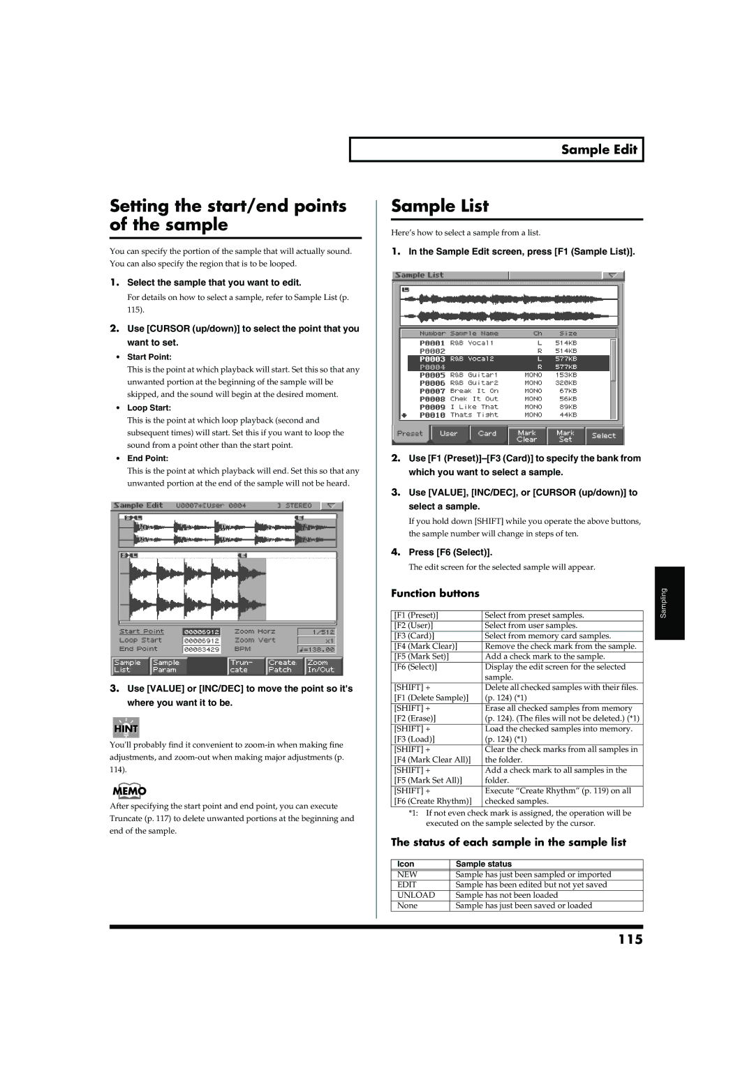 Roland MC-909 owner manual Setting the start/end points of the sample, Sample List, Sample Edit, 115 