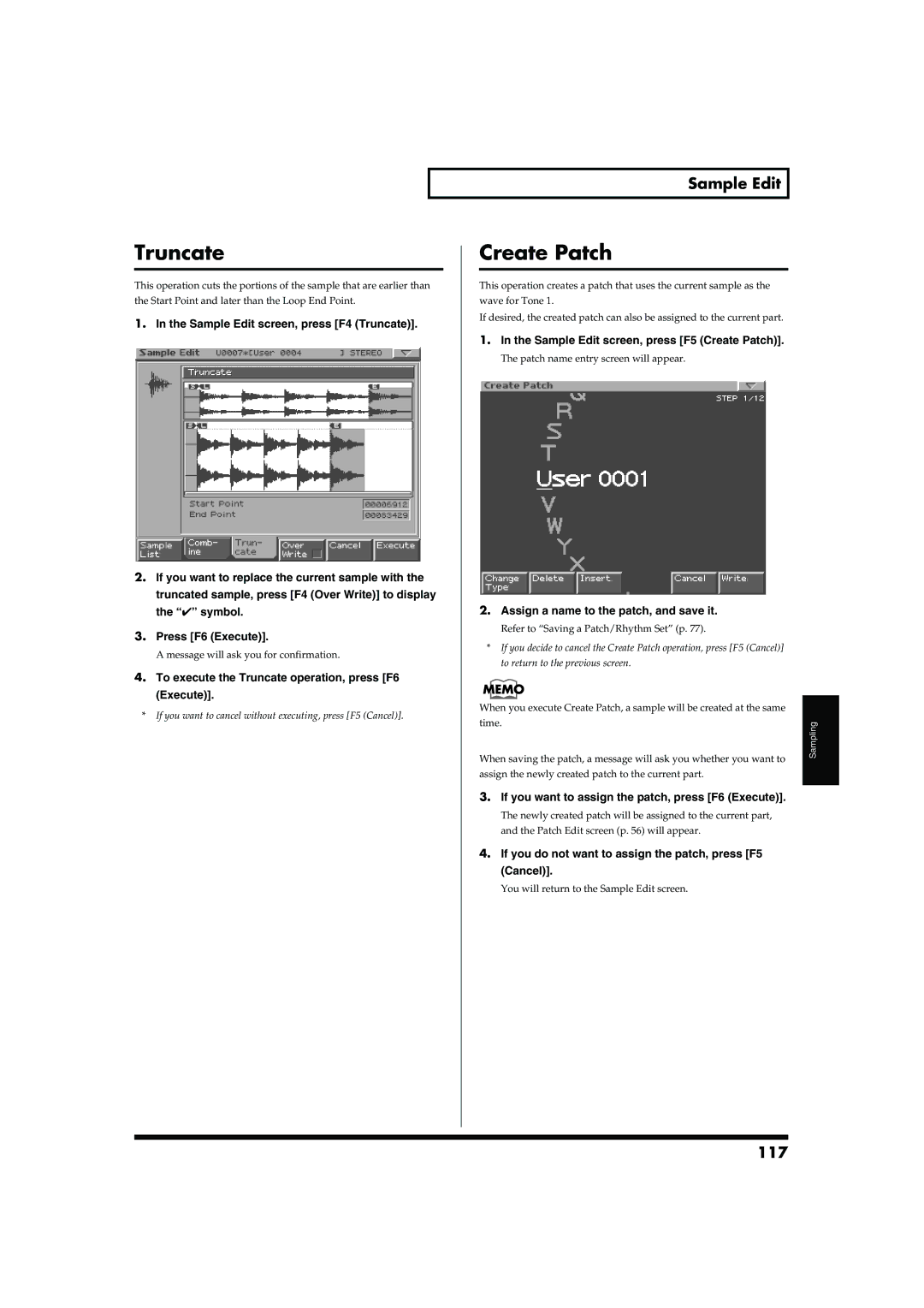 Roland MC-909 owner manual Truncate, Create Patch, 117 