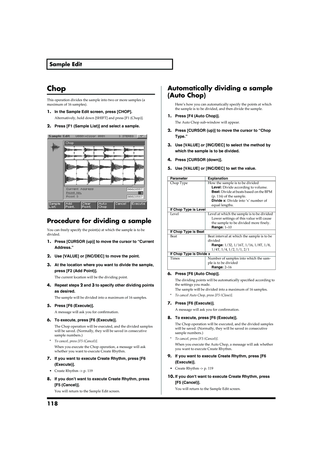 Roland MC-909 owner manual Procedure for dividing a sample, Automatically dividing a sample Auto Chop, 118 