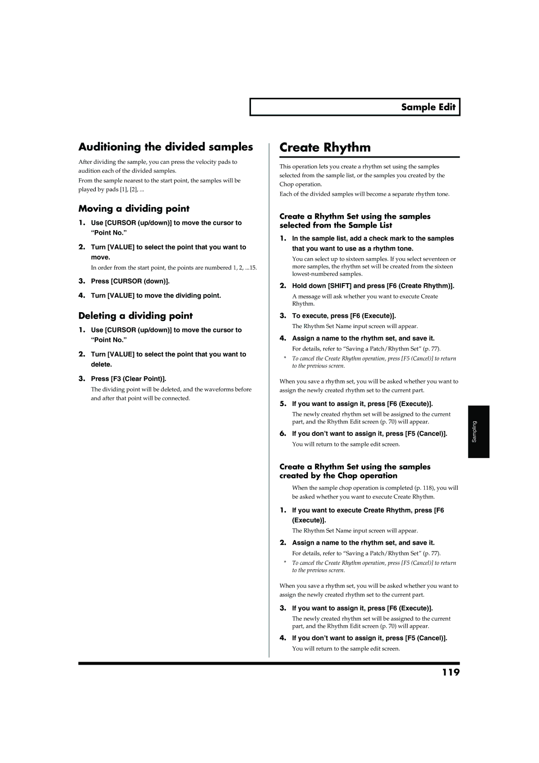 Roland MC-909 Create Rhythm, Auditioning the divided samples, Moving a dividing point, Deleting a dividing point, 119 