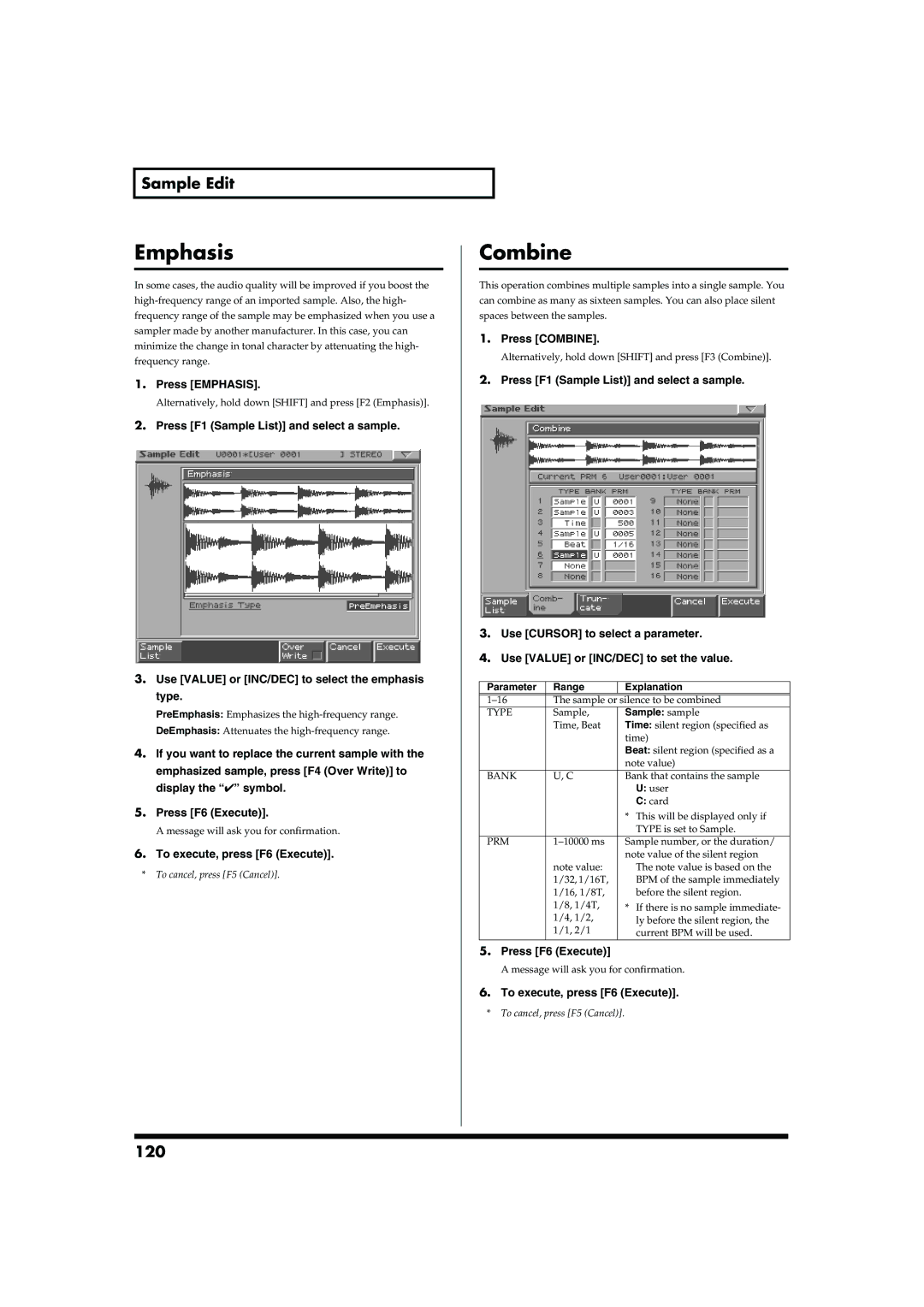 Roland MC-909 owner manual 120, Press Emphasis, Press Combine 