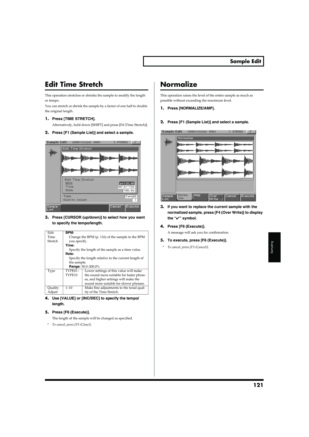 Roland MC-909 owner manual Edit Time Stretch, Normalize, 121, Press Time Stretch, Rate 