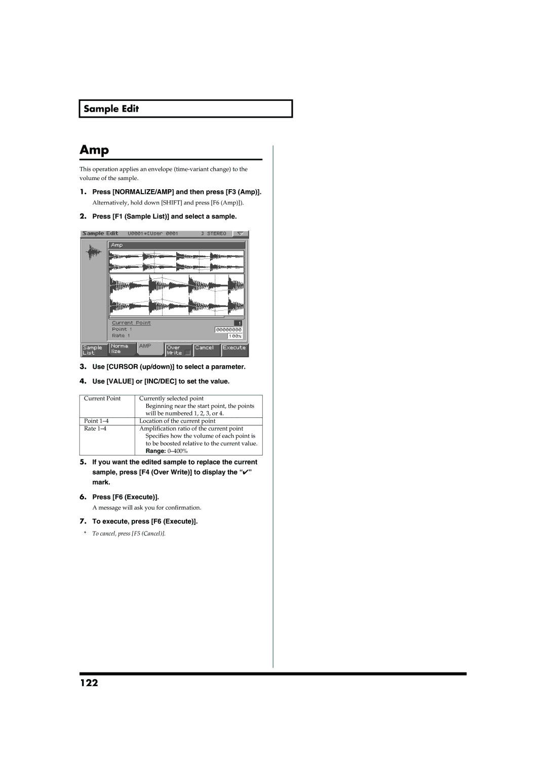 Roland MC-909 owner manual 122, Press NORMALIZE/AMP and then press F3 Amp, Range 0-400% 