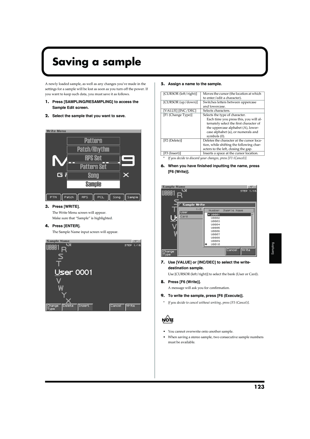 Roland MC-909 Saving a sample, 123, Assign a name to the sample, When you have finished inputting the name, press F6 Write 