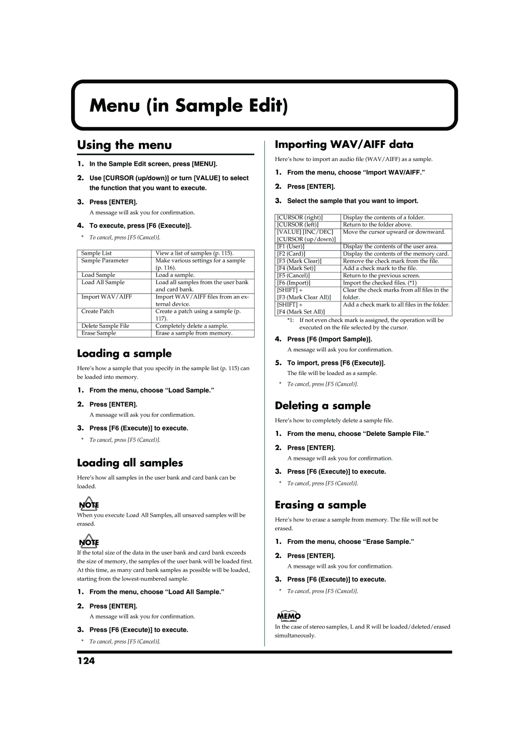 Roland MC-909 owner manual Menu in Sample Edit, Using the menu 