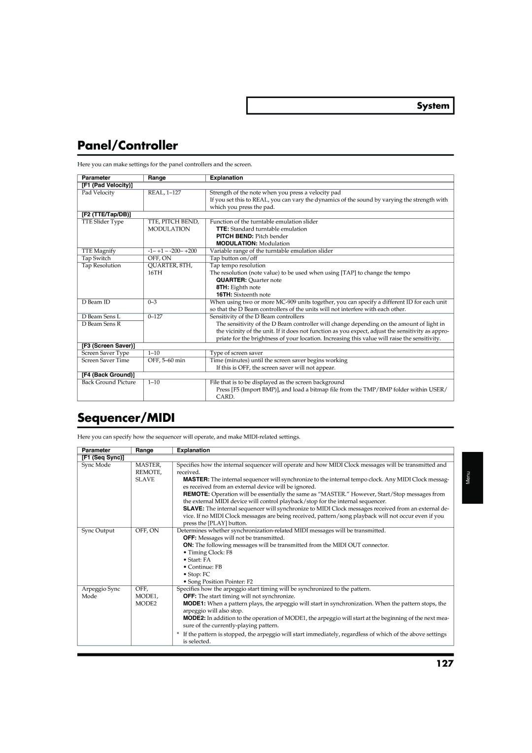 Roland MC-909 owner manual Panel/Controller, Sequencer/MIDI, System, 127 