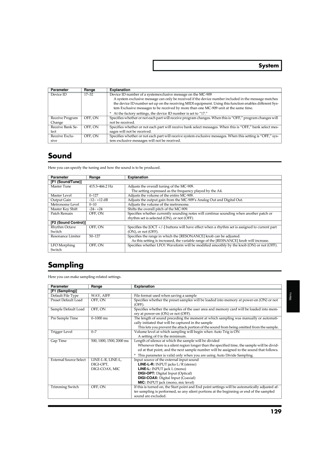 Roland MC-909 owner manual 129, Parameter Range Explanation F1 Sound/Tune, Parameter Range Explanation F1 Sampling 