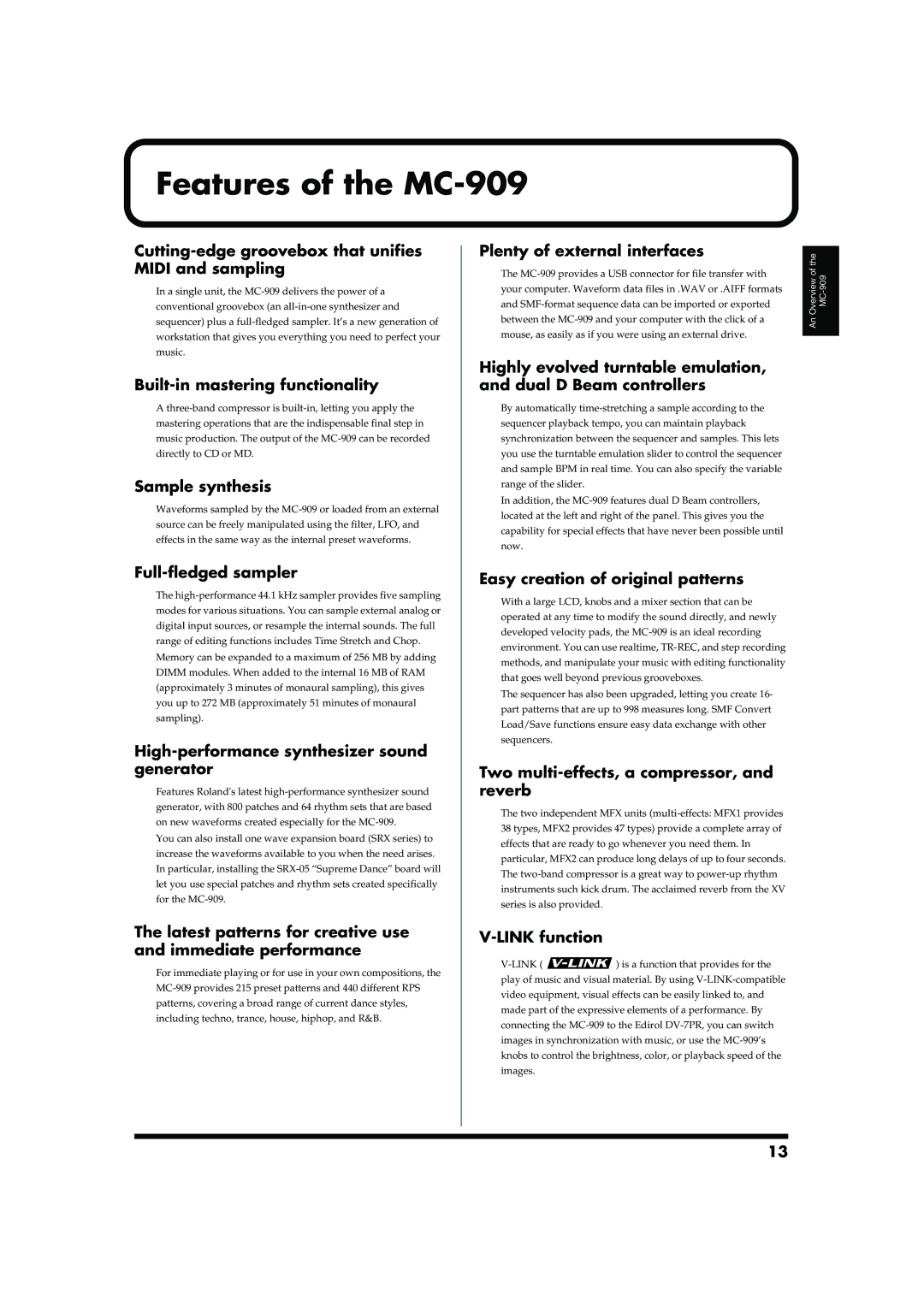 Roland owner manual Features of the MC-909 