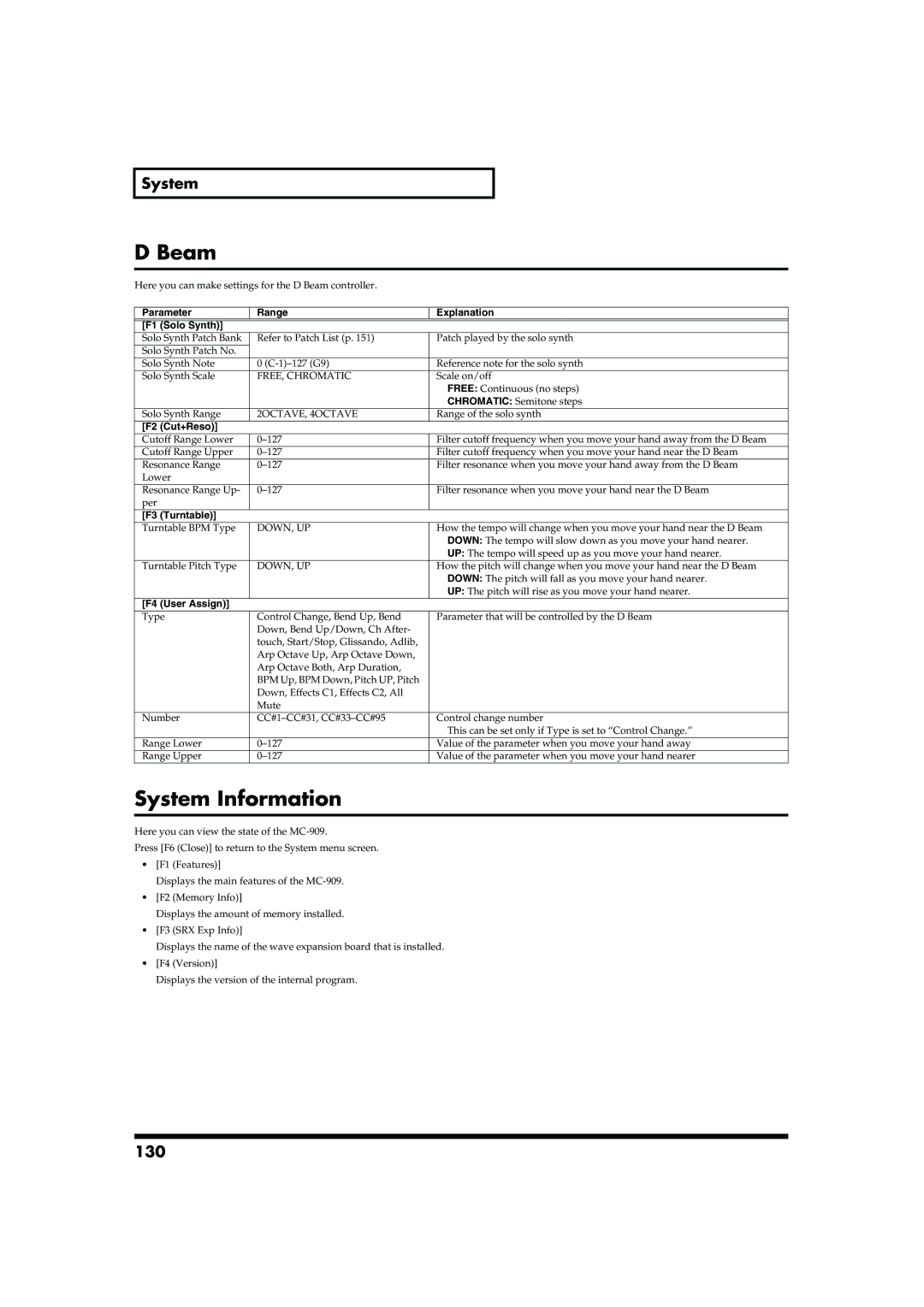 Roland MC-909 owner manual Beam, System Information, 130 