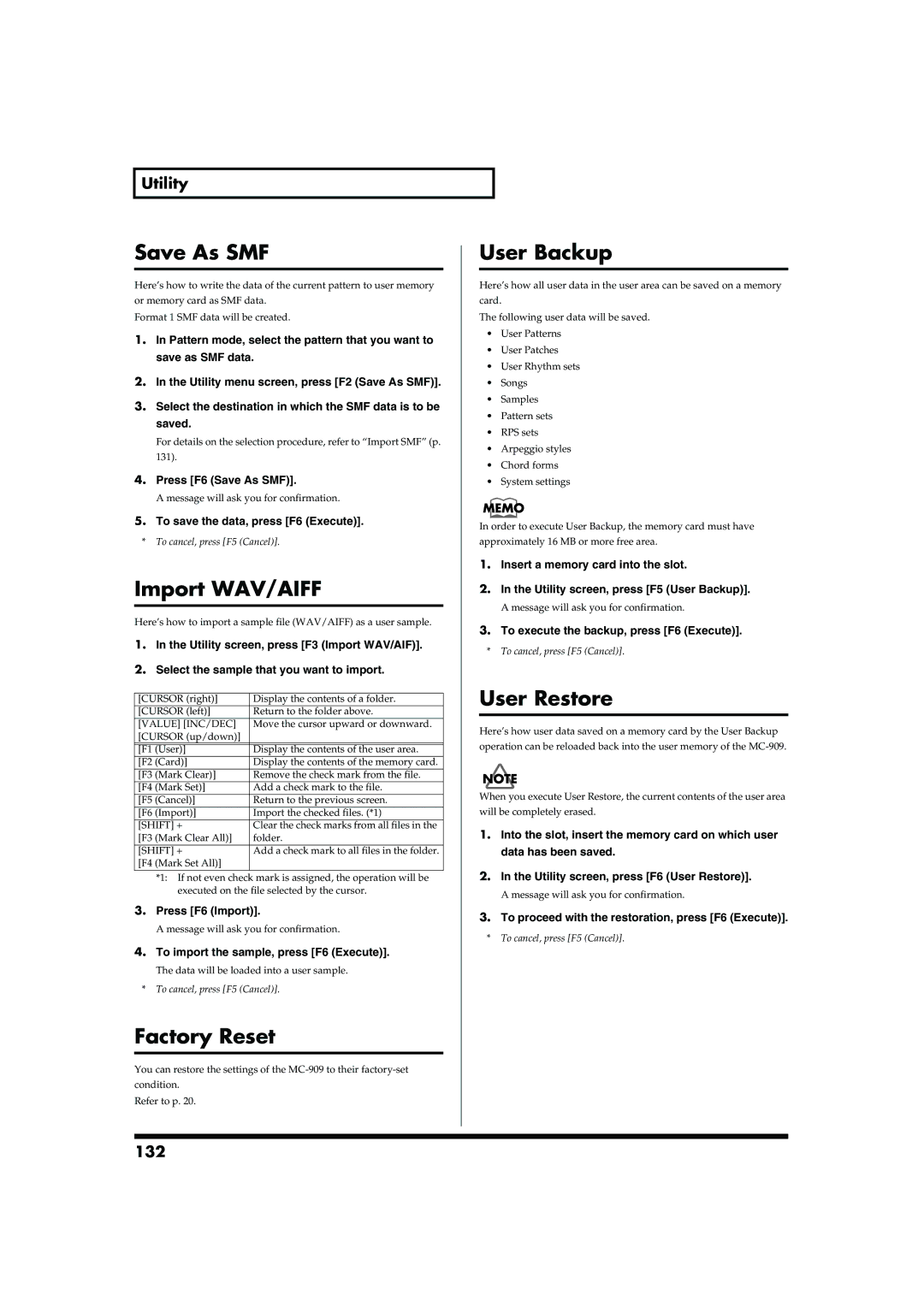 Roland MC-909 owner manual Save As SMF, Import WAV/AIFF, Factory Reset, User Backup, User Restore 