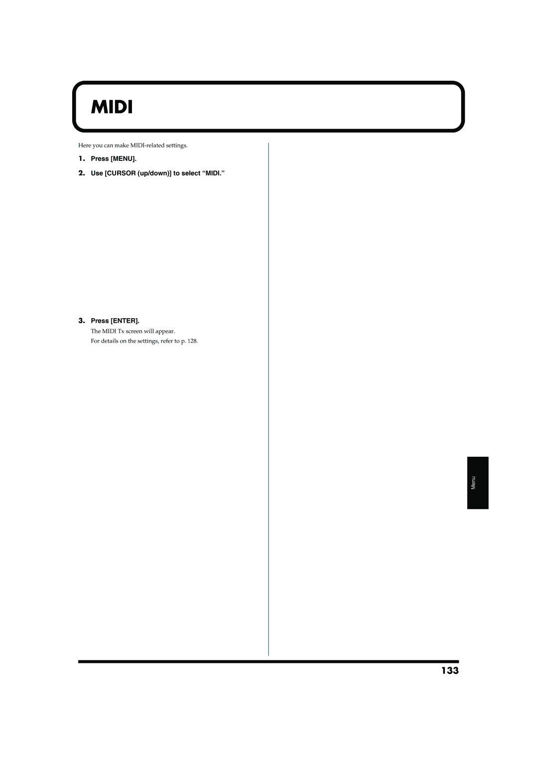 Roland MC-909 owner manual 133, Press Menu Use Cursor up/down to select Midi Press Enter 