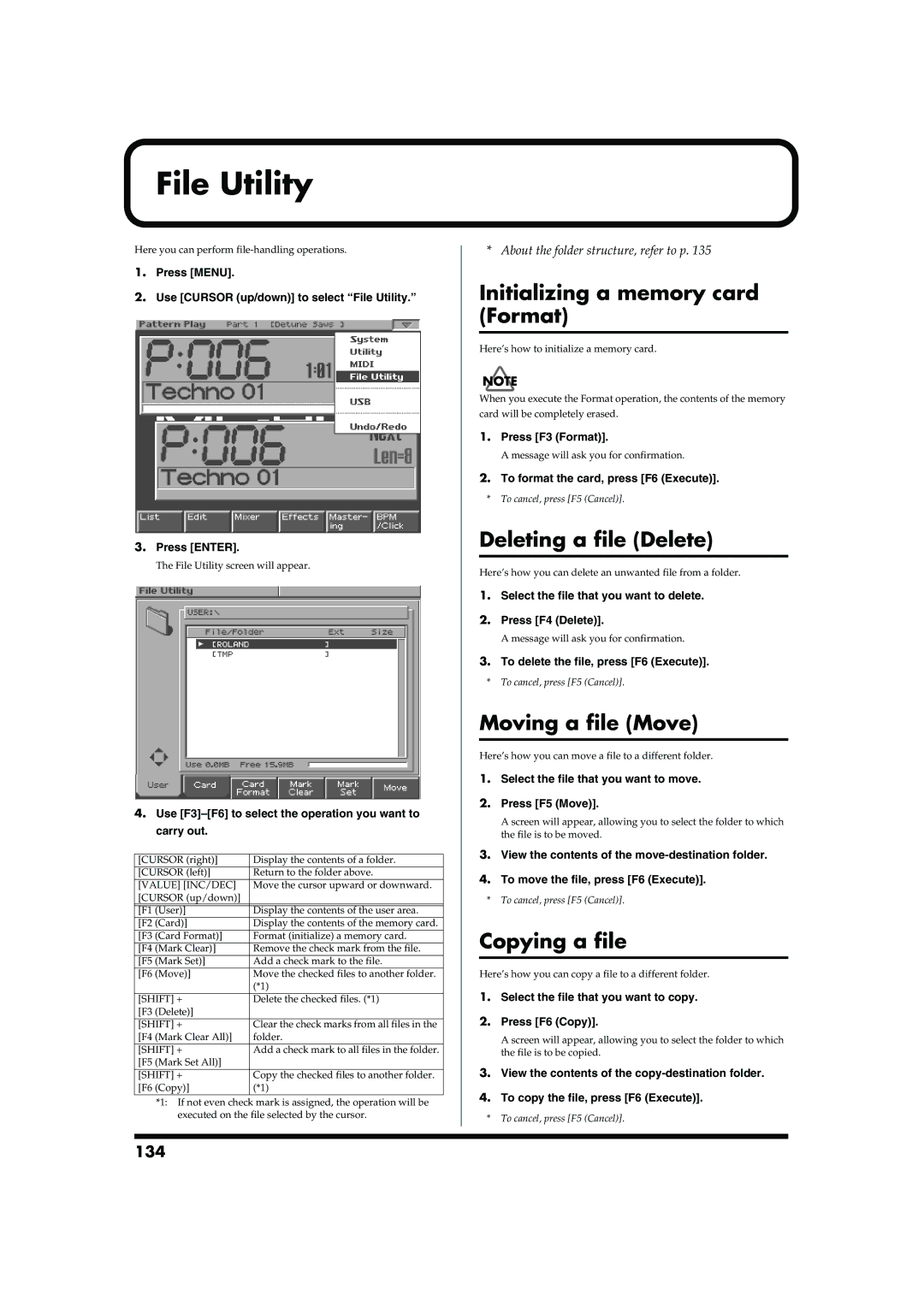 Roland MC-909 File Utility, Initializing a memory card Format, Deleting a file Delete, Moving a file Move, Copying a file 