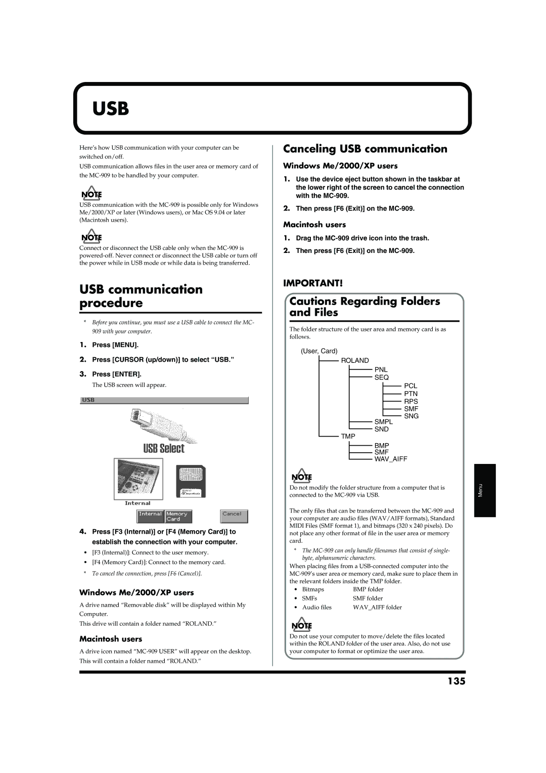 Roland MC-909 USB communication procedure, Canceling USB communication, 135, Windows Me/2000/XP users, Macintosh users 