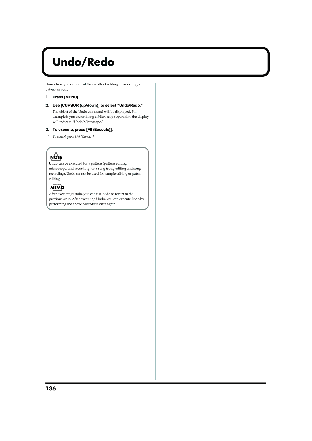 Roland MC-909 owner manual 136, Press Menu Use Cursor up/down to select Undo/Redo 