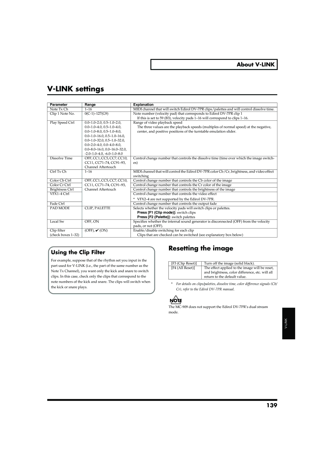 Roland MC-909 owner manual Link settings, Resetting the image, About V-LINK, Using the Clip Filter, 139 