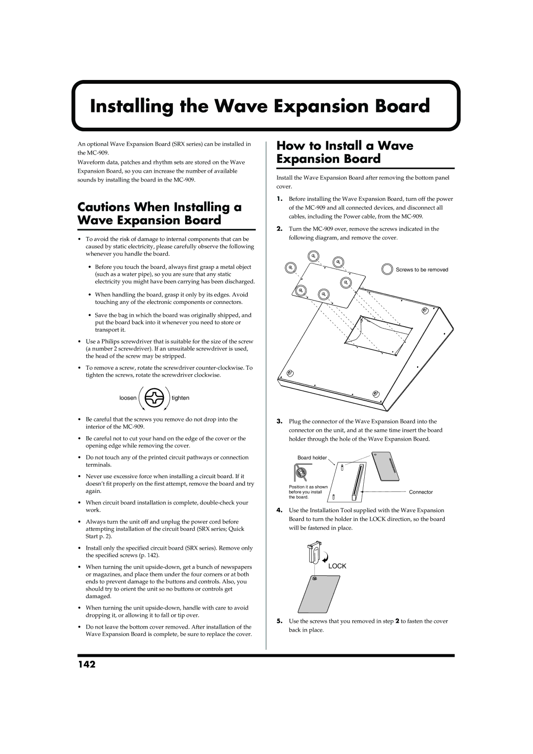 Roland MC-909 owner manual Installing the Wave Expansion Board, How to Install a Wave Expansion Board, 142 