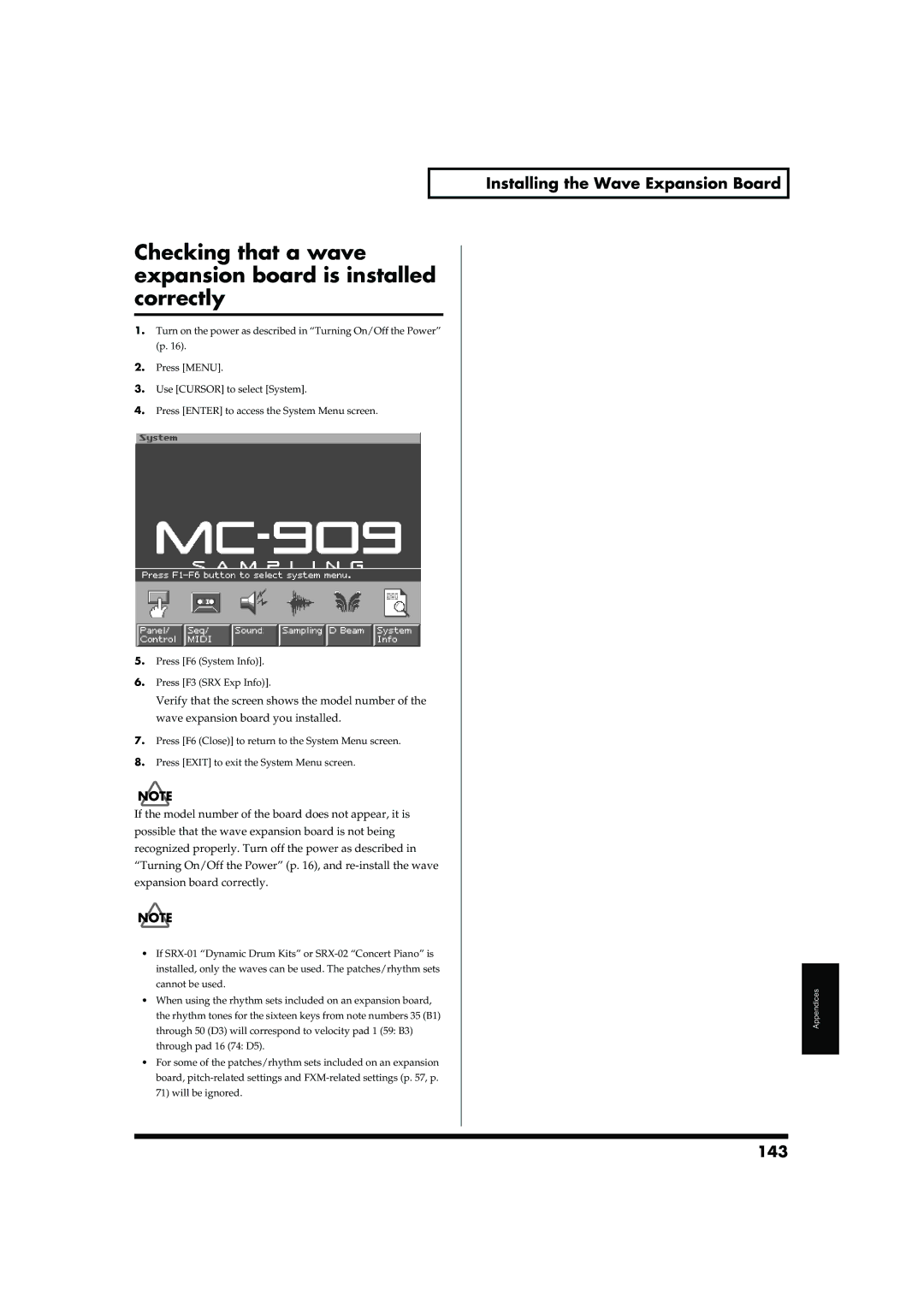 Roland MC-909 Checking that a wave expansion board is installed correctly, Installing the Wave Expansion Board, 143 