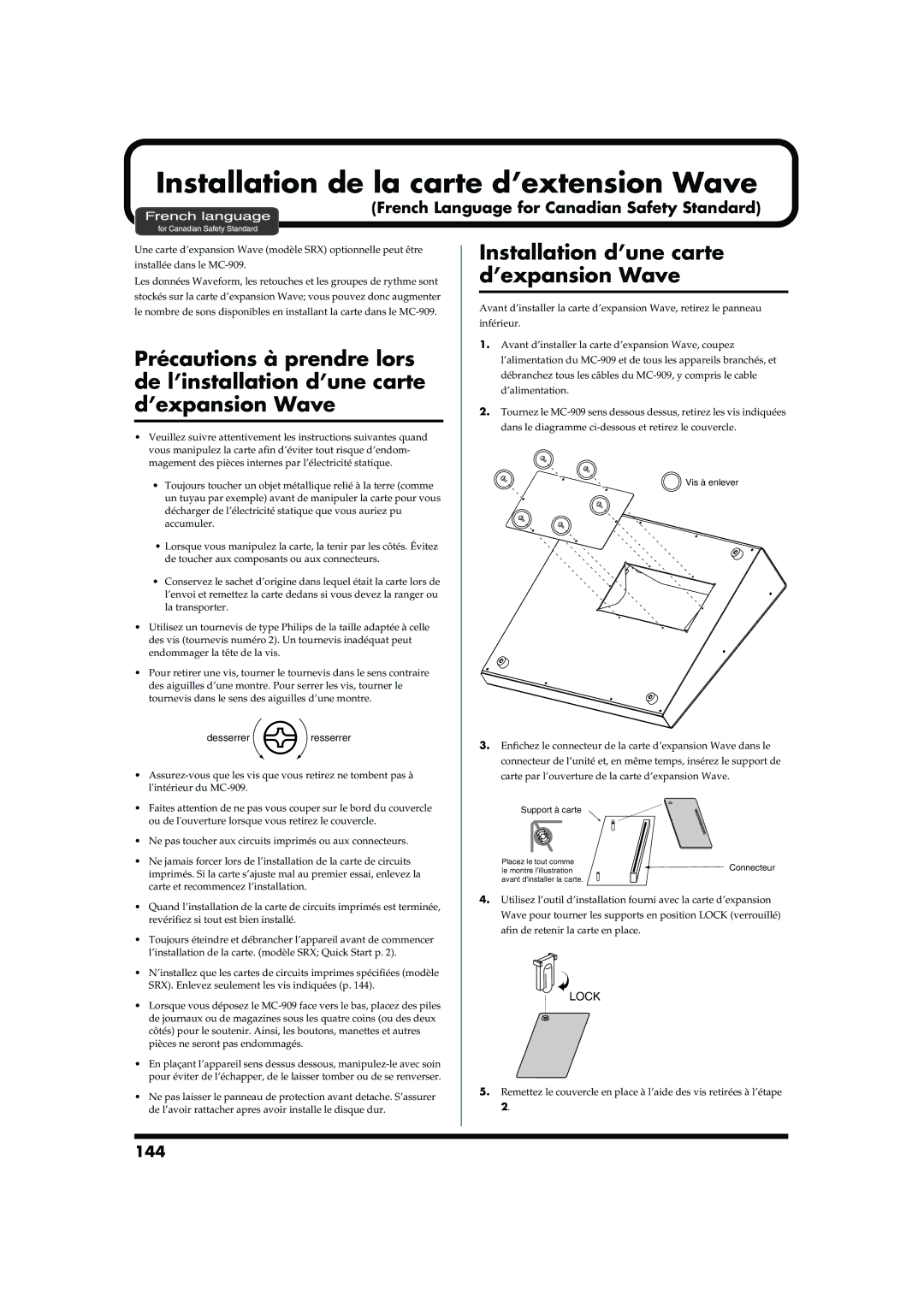 Roland MC-909 owner manual Installation d’une carte d’expansion Wave, French Language for Canadian Safety Standard, 144 