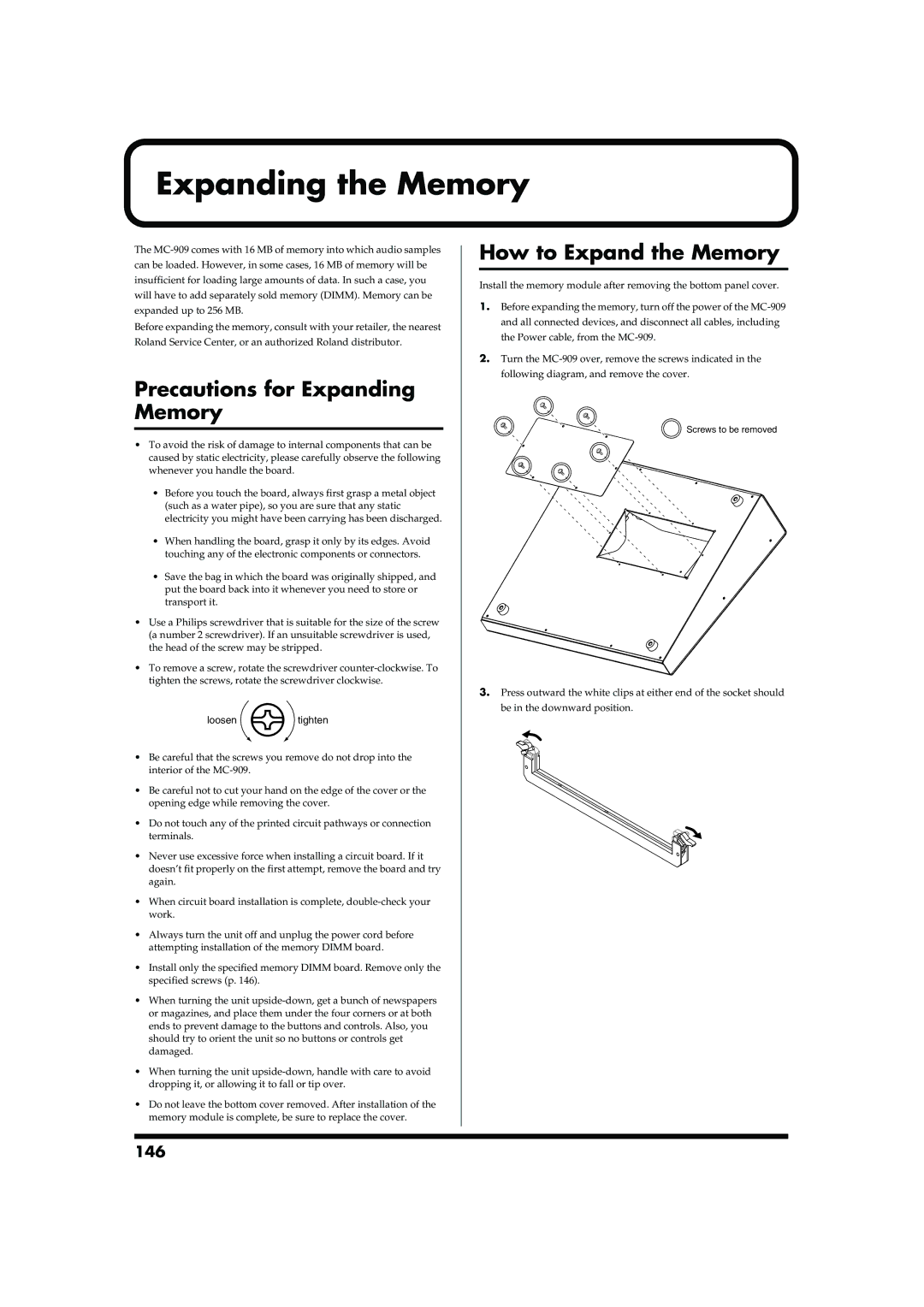 Roland MC-909 owner manual Expanding the Memory, Precautions for Expanding Memory, How to Expand the Memory, 146 