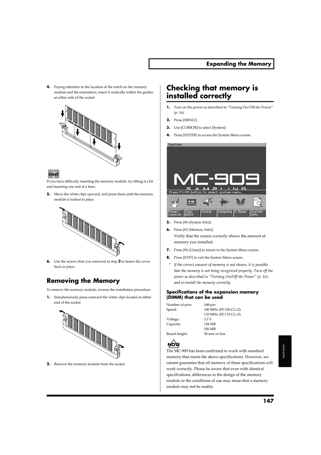 Roland MC-909 owner manual Checking that memory is installed correctly, Removing the Memory, Expanding the Memory, 147 