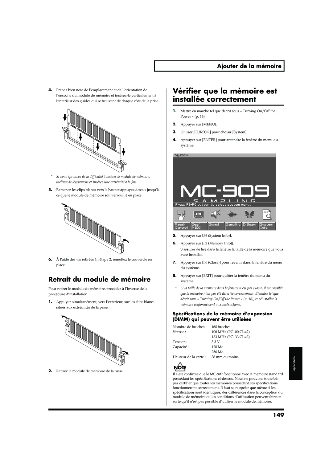 Roland MC-909 Vérifier que la mémoire est installée correctement, Retrait du module de mémoire, Ajouter de la mémoire, 149 