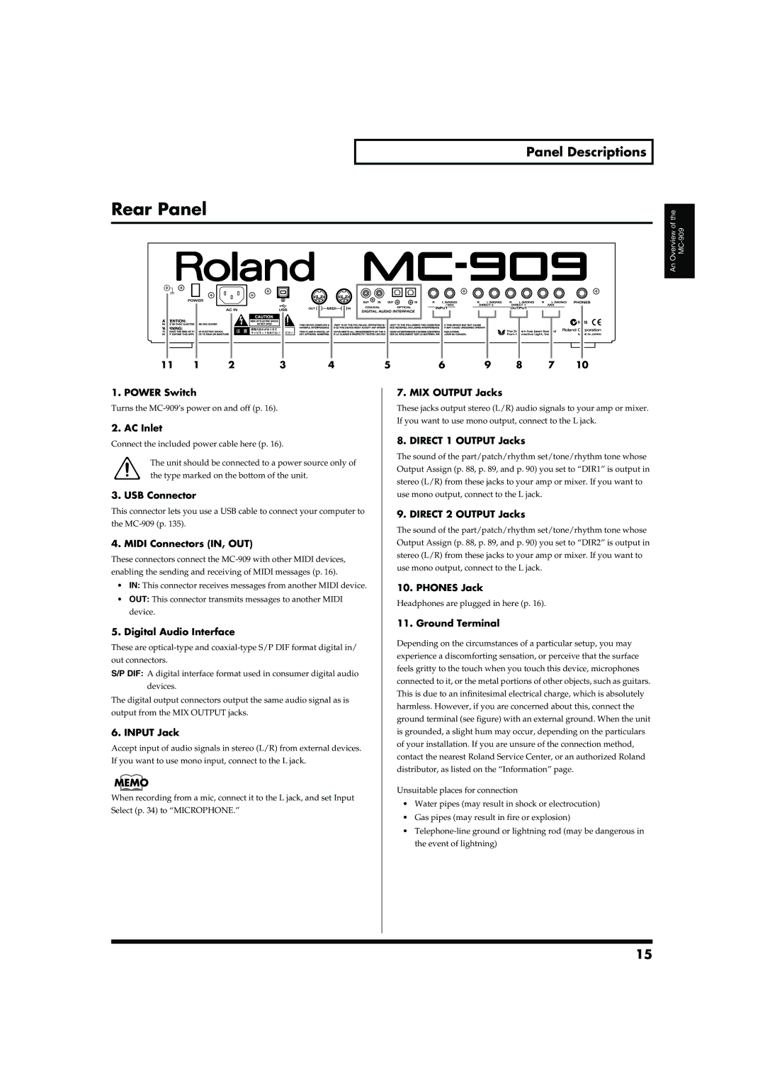 Roland MC-909 owner manual Rear Panel, Panel Descriptions 