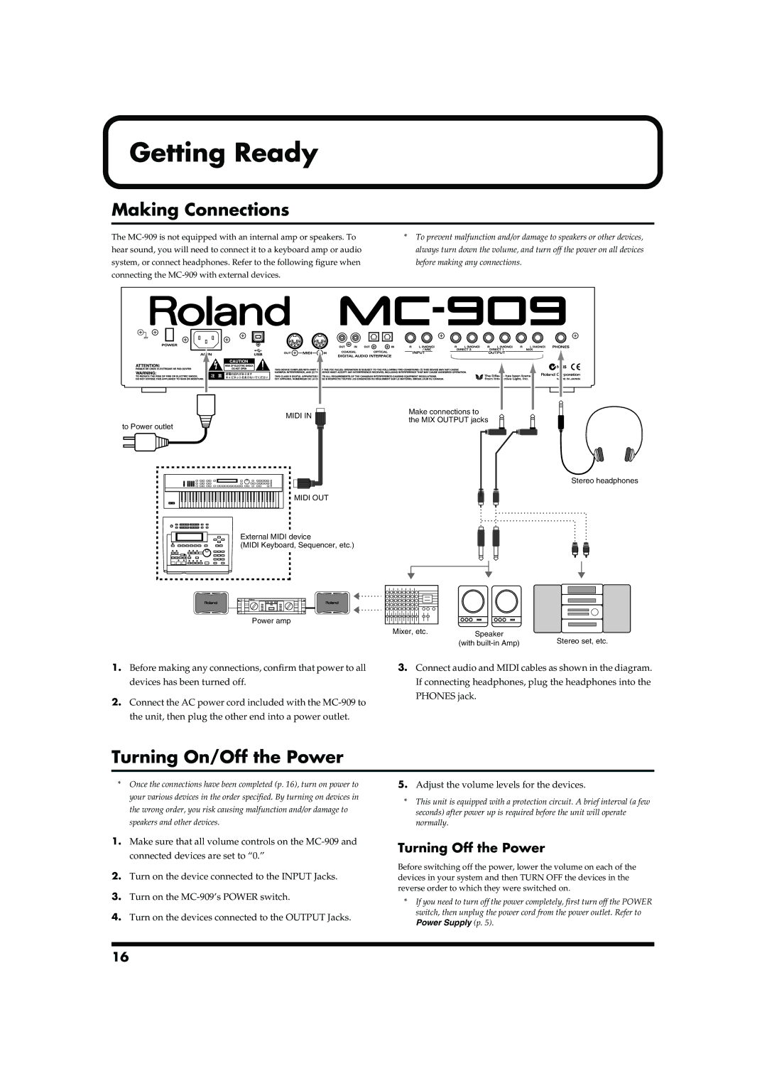 Roland MC-909 owner manual Getting Ready, Making Connections, Turning On/Off the Power, Turning Off the Power 