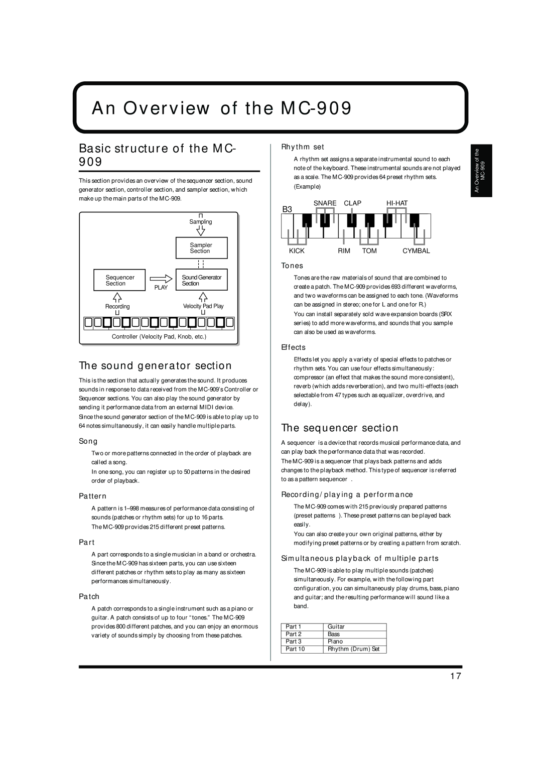 Roland owner manual An Overview of the MC-909, Basic structure of the MC, Sound generator section, Sequencer section 