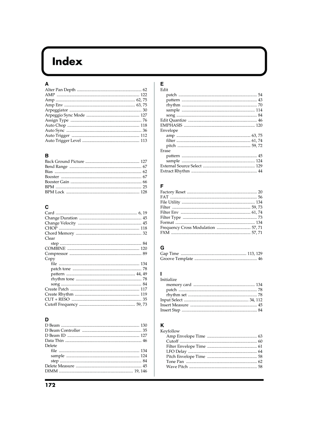 Roland MC-909 owner manual Index, 172 