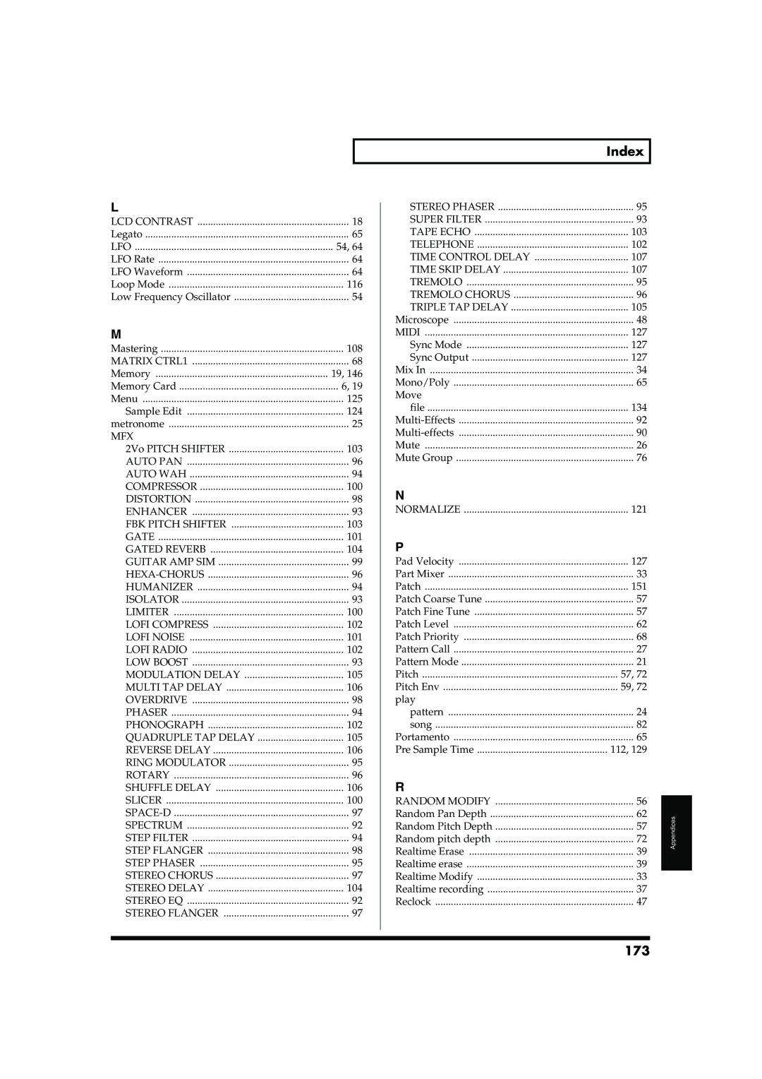 Roland MC-909 owner manual Index, 173 