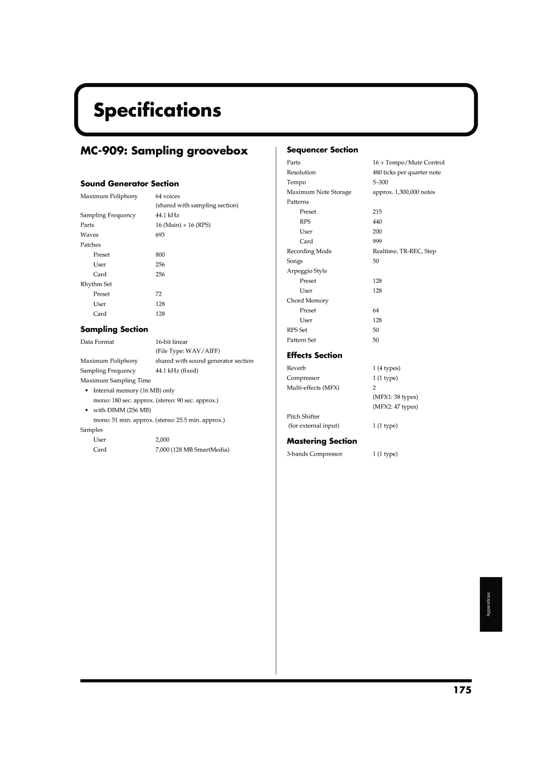 Roland owner manual Specifications, MC-909 Sampling groovebox, 175 