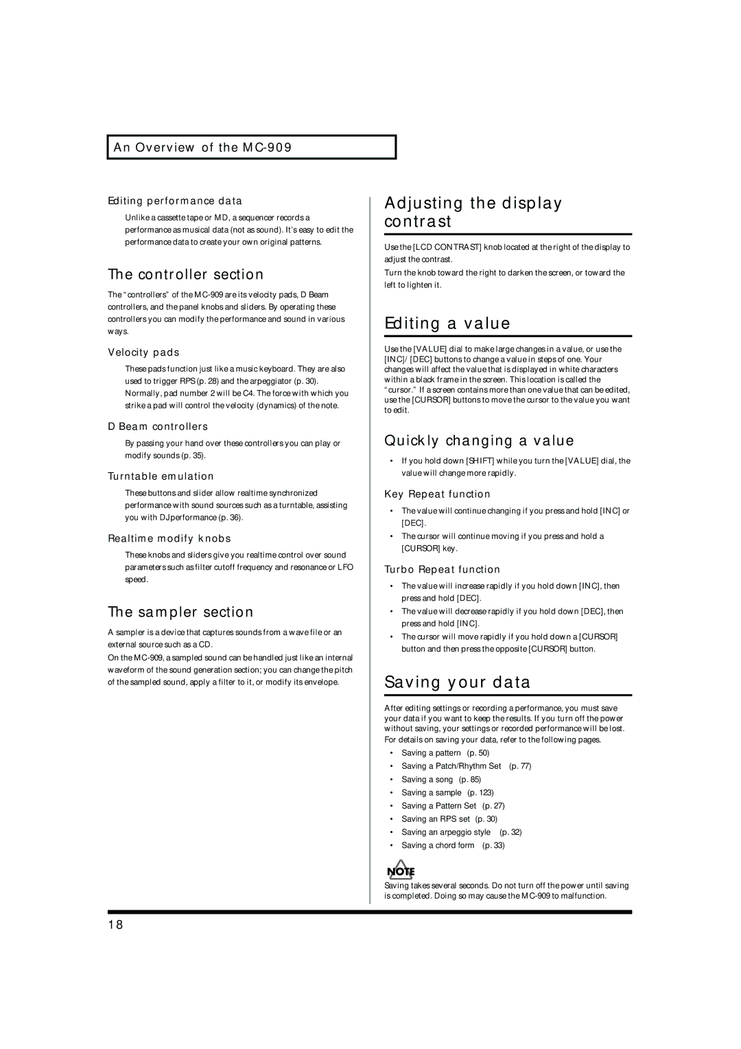 Roland MC-909 owner manual Adjusting the display contrast, Editing a value, Saving your data 