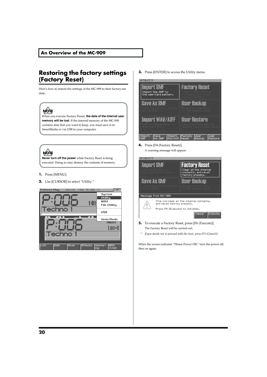 Roland MC-909 owner manual Restoring the factory settings Factory Reset 